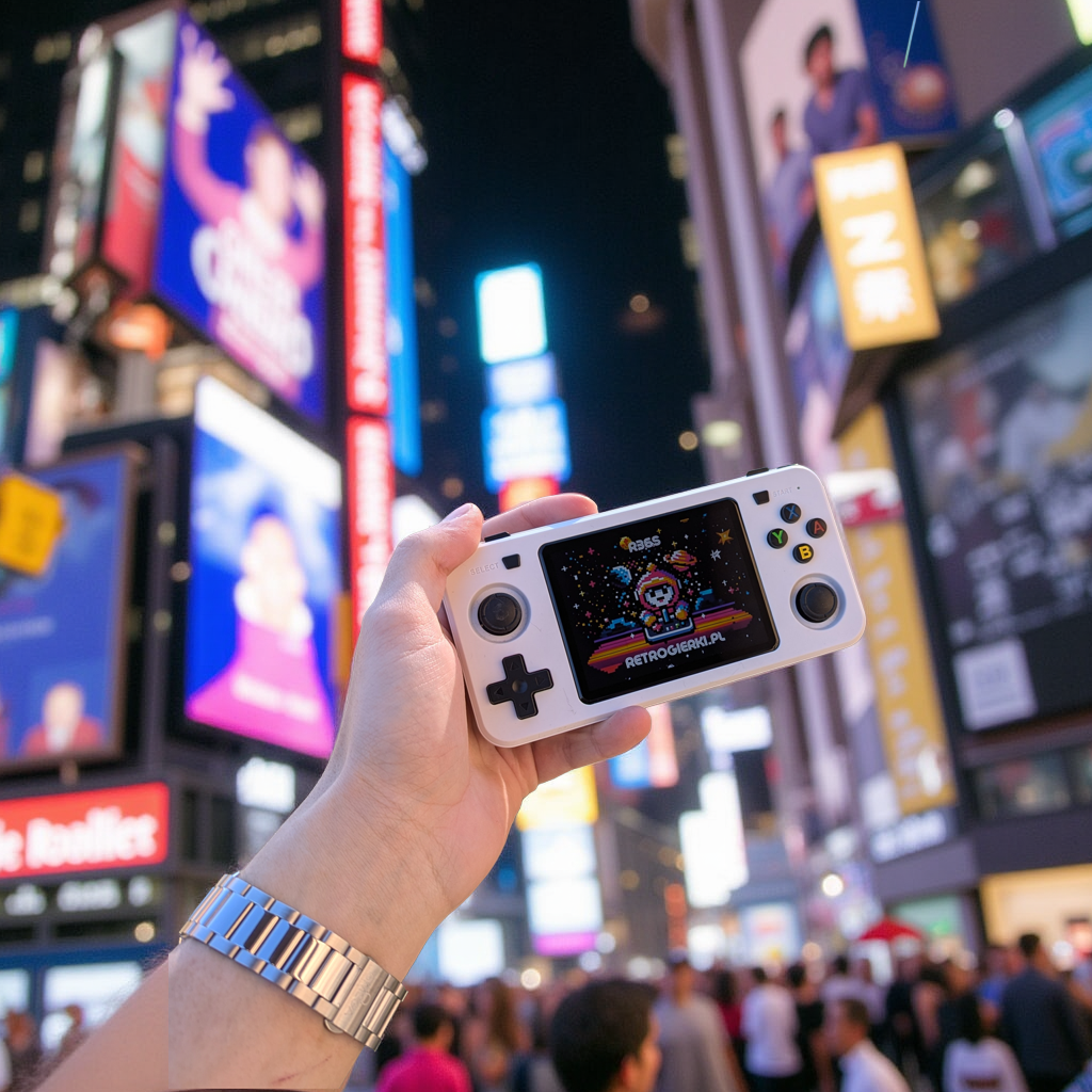 Biała przenośna konsola retro r36h retrogierki w ręce w tle miasto zaludnione