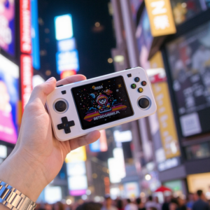 R36h retro konsola przenośna na tle miasta, z logiem retrogierki.pl