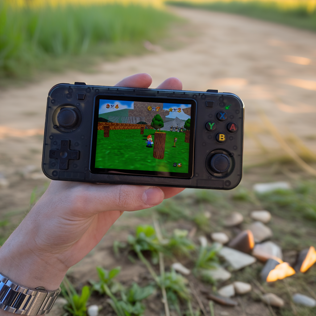 R36h retrogierki konsola przenośna retro psp nintendo super mario 64 na ekranie w tle leśna ścieżka