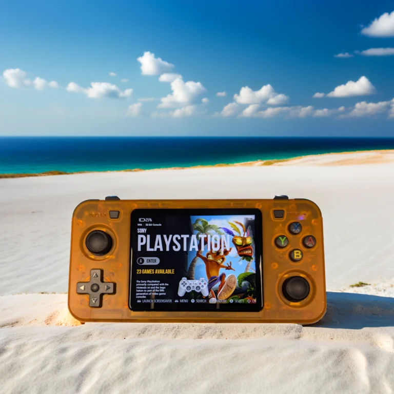 Pomarańczowa przenośna R36h konsola do gier leżąca na białym piasku, z widokiem na błękitne morze i niebo w tle. Na ekranie widać menu z napisem ‘PLAYSTATION’ i grafiką postaci z gry platformowej.